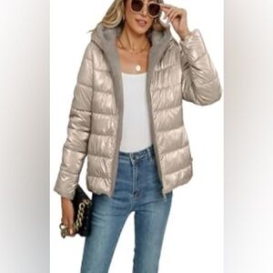 GIOLSHON METALLIC GOLD QUILTED/ FLEECE  PUFFER HOODIE JACKET  - L - NWT ! 🥶❄️☃️